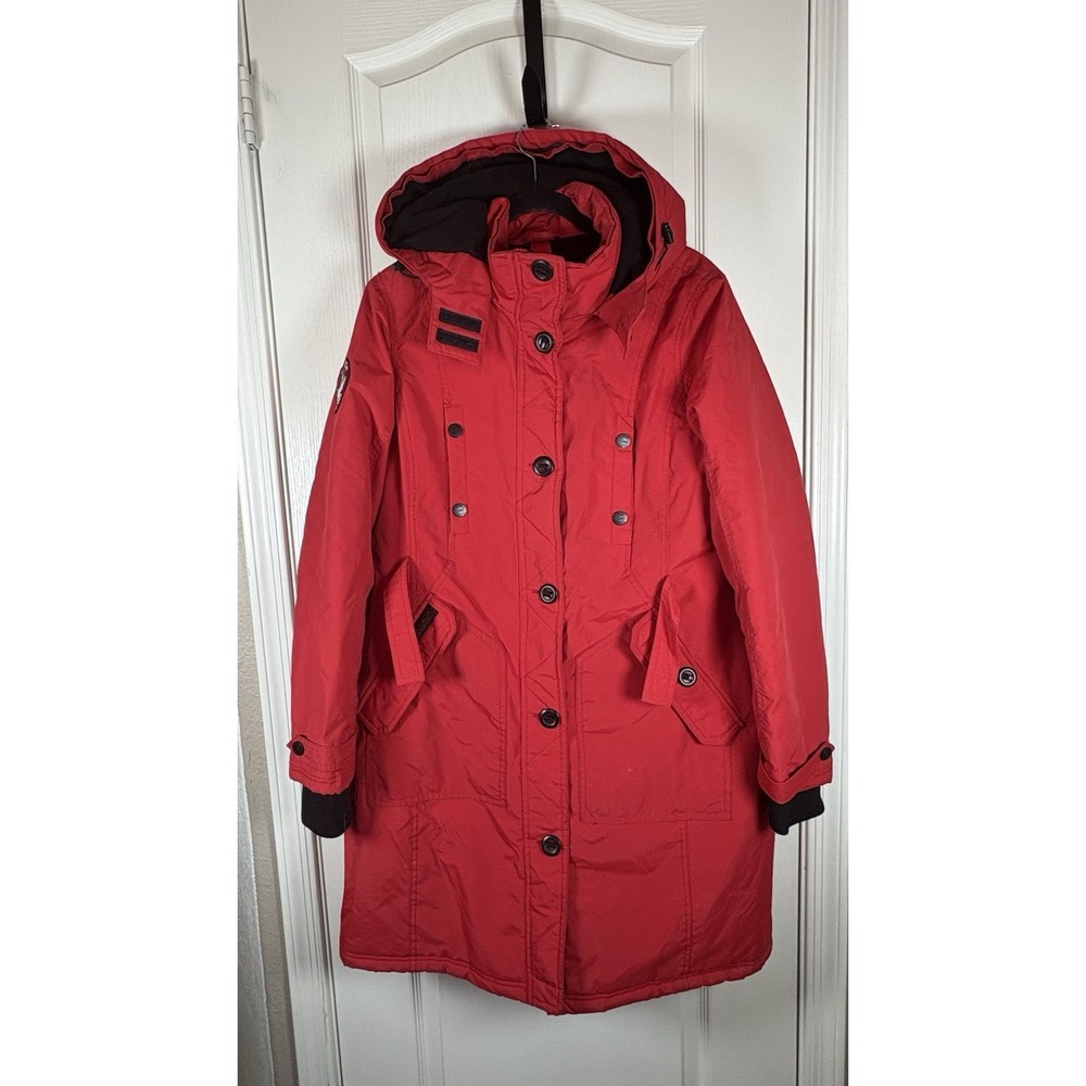 Canada Weathergear Women's Large Red Parka Coat Button Up Hooded Warm Winter - Picture 9 of 10